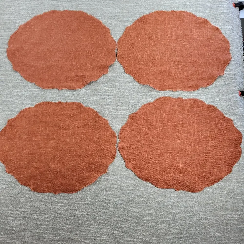 VTG Williams Sonoma Linen Placemats Pumpkin Orange Scalloped Edge Oval Set of 4